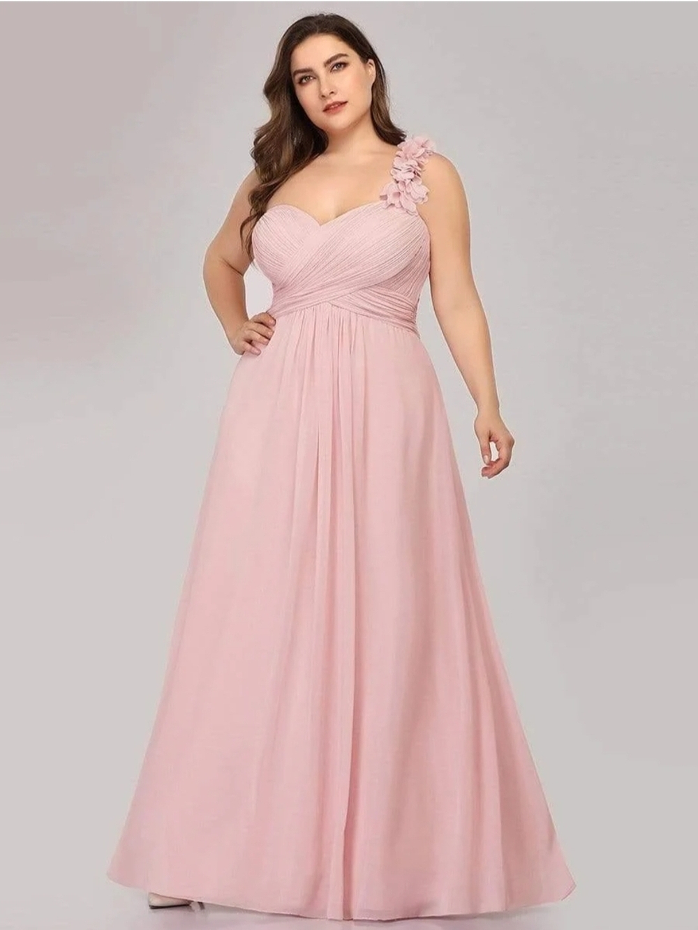 Ever Pretty One-Shoulder Blush Pink Floral Strap A-Line Gown